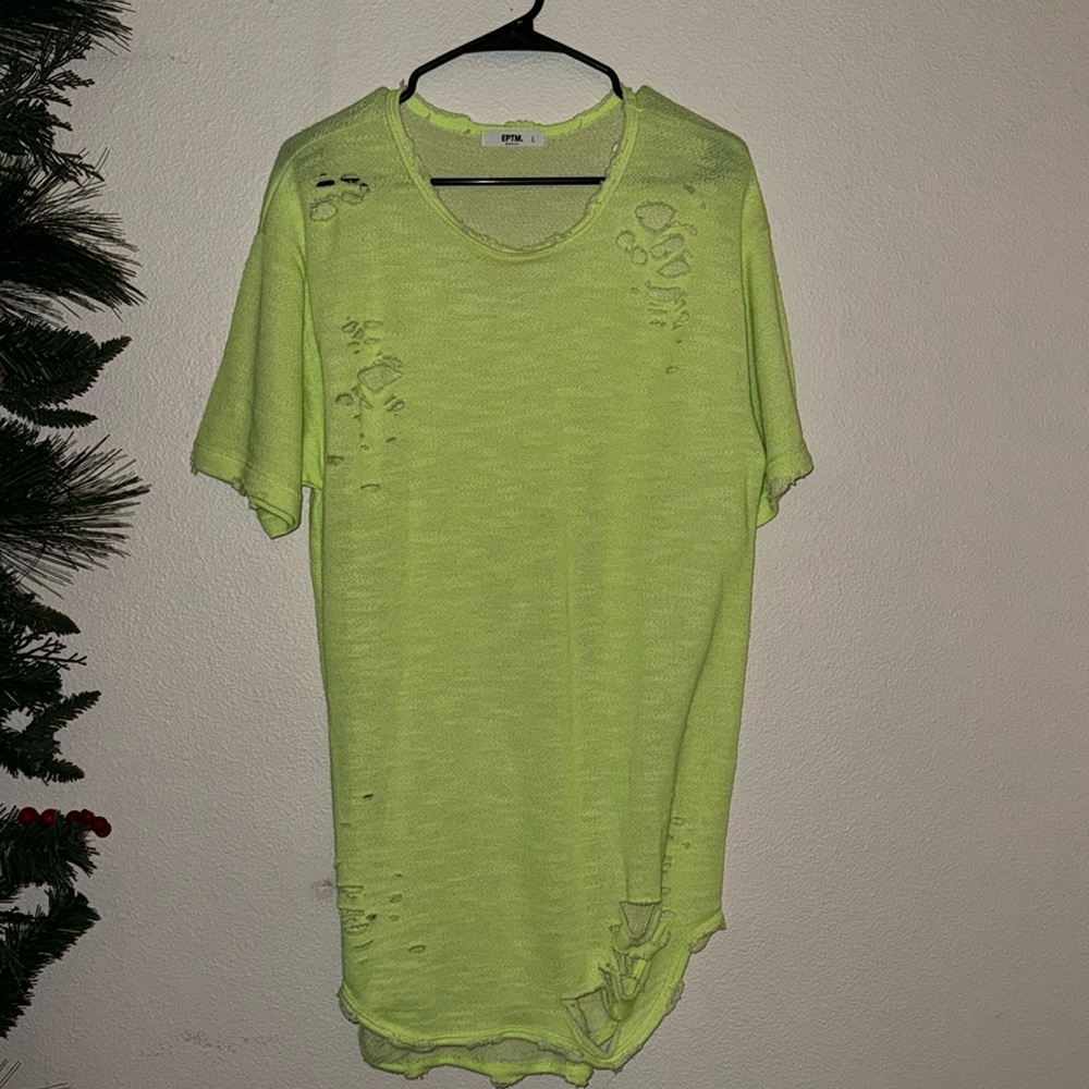 EPTM. Distressed Neon Green Curved Hem Tall Tee